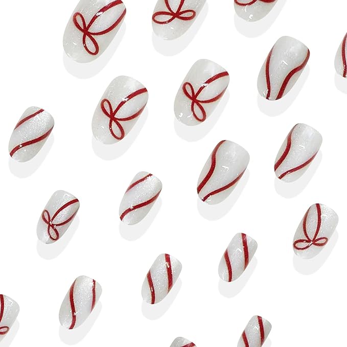 Christmas Press on Nails Short Oval MABKJLF Fake Nails False Nails with Bow Stripes Pearlescent Designs Glossy Glue on Nail Winter Full Cover Acrylic Nails for Women Girls 24Pcs
