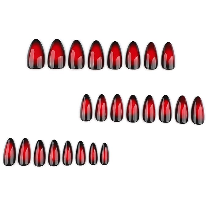 Wine Red Press on Nails Medium Almond MABKJLF Fake Nails Black & Red False Nails with Gradient Designs Solid Colour Glossy Glue on Nail Full Cover Acrylic Nails for Women Girls 24Pcs