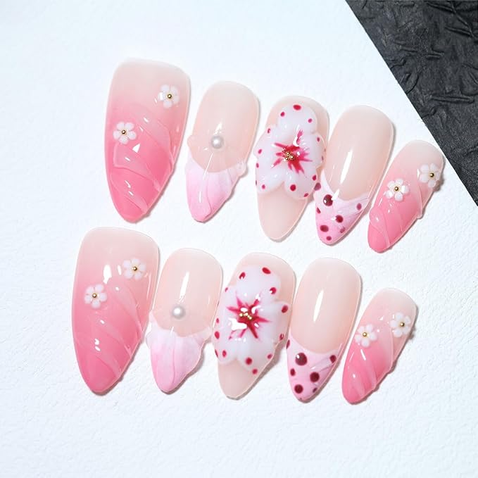 10 Medium Handmade Press On Nails | with 3D Floral and French design False Nails | Skip Salon Trips, Easy to Apply & Remove, Reusable (A010, M)