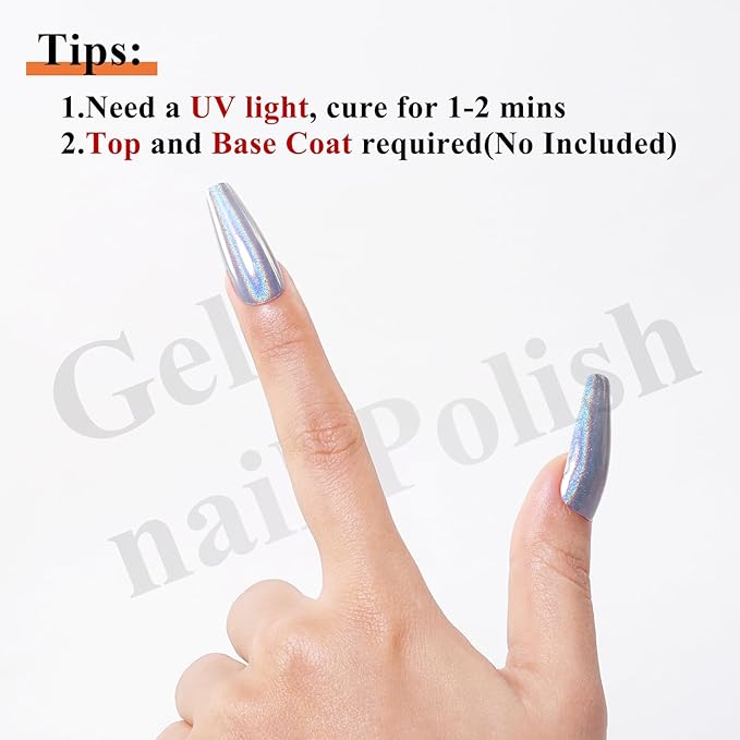 Imtiti Holographic Silver Chrome Nail Powder Kit,1g Holo Iridescent Silver Meatllic Mirror Effect Powder with 10ml White Color Gel Polish Metal Nail UV DIY Kit