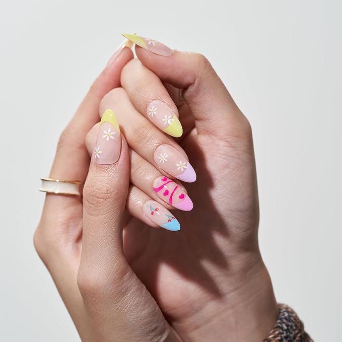 GLAMERMAID Light Colorful Rainbow Press on Nails Medium Almond, Tie Dye Jelly Soft Gel False Nals, Stiletto Glue on Nails Kit for Women, Reusable Short Oval Stick on Acrylic Fake Nails Manicure Set