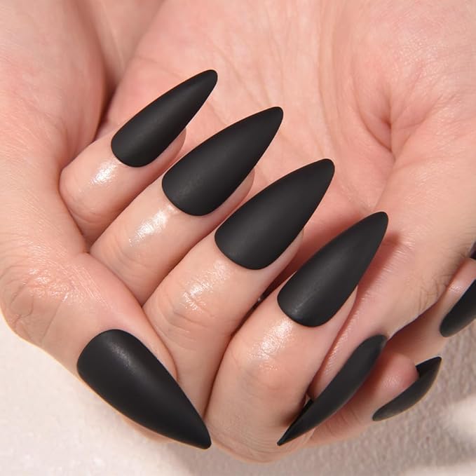 evpct Black Matte Press on Nails Medium Almond, Matte Black Fake Nails False Nail Pure Color with Kit, Salon Quality Soft Gel Stick on Acrylic False Soft Nails Reusable Full Cover for Women Manicure