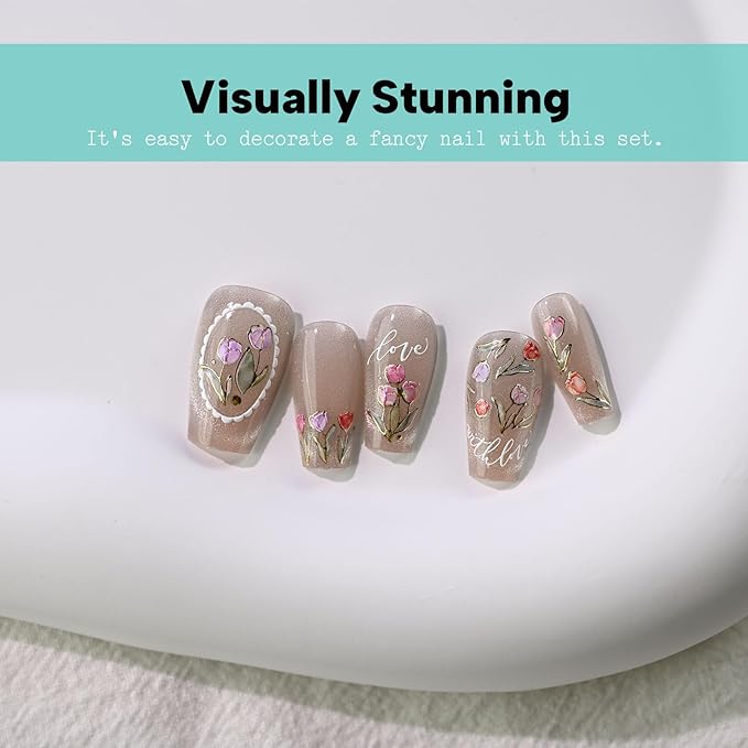 Aurora Tulip Floral Nail Art Stickers, Golden Flower Nail Decals, Self-Adhesive,Summer Spring Nail Accessories for Women, Nail Decorations 3 Sheets