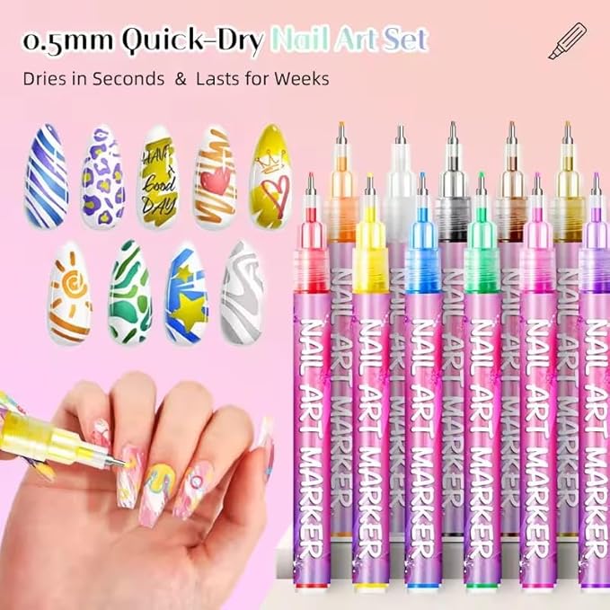 12 Colors Nail Art Pens Set, Fine Tip Nail Art Markers & Nail Polish Pens for DIY Nail Art, Manicure Design, Home & Salon Nail Kit Accessories