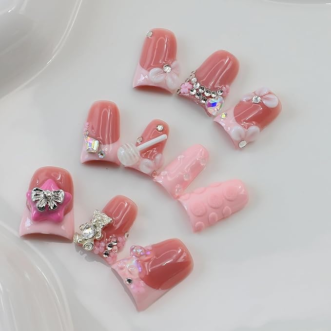 10Pcs Handmade Pink Press on Nails Short Duck Fake Nails with 3D Bear Butterfly Flower Rhinestone Design Pink French Tip False Nails Cute Acrylic Nails Press ons Handmade Stick on Nail for Women (S)