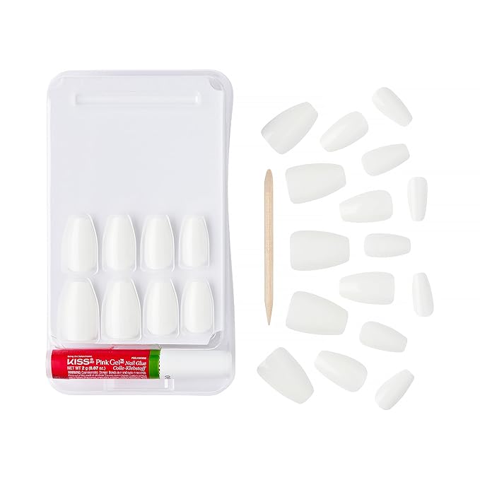 GoldFinger False Nails Kit, Ready to Wear Classic White Color Fake Nails, Manicure Stick and Glue Included, Medium Coffin Shape, Long-Lasting Hottest Trend Glue on Nails