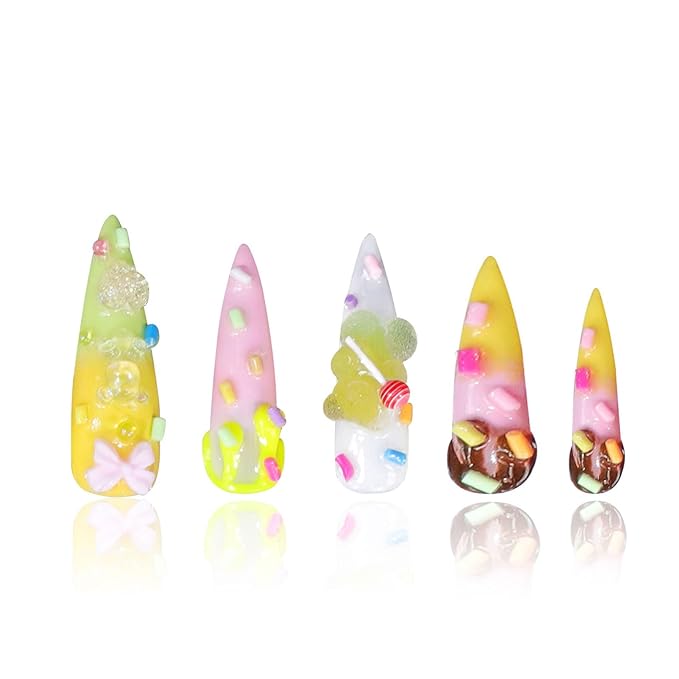 LOVFUL Press on Nails Ice Queam | Handmade with Full Covered Crystals | Reusable Fake Nails | Stiletto Mid Length 1.7 in | H110-S