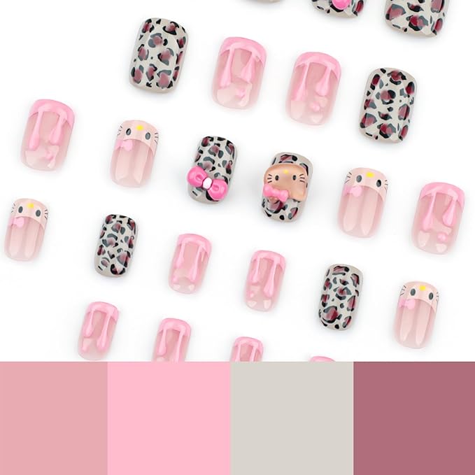 Cute Press on Nails Short Square Fake Nails with 3D French Cute Kawaii Design Leopard Pink Press ons Cartoon Nail Tip Artificial Acrylic Nail Cute False Nails for Women Manicure 24Pcs