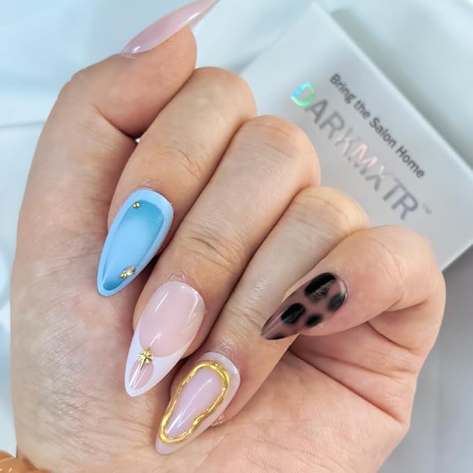 Press-On Nails Set - Almond Shape, Pink Blue Leopard Design with Gold Accents, Reusable Adhesive Nails for Women