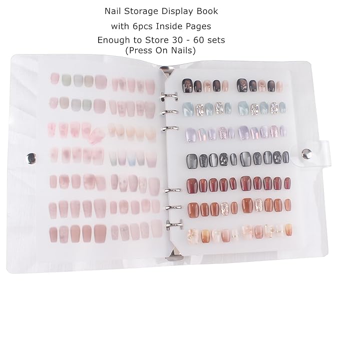 MZCMSL 1pc Press On Nail Organizer, Nail Storage Display Packaging (included 6pcs inside pages), Keep Press On Nails Organized with 4 Sheets(120pcs) Adhesive Double Sided Tapes
