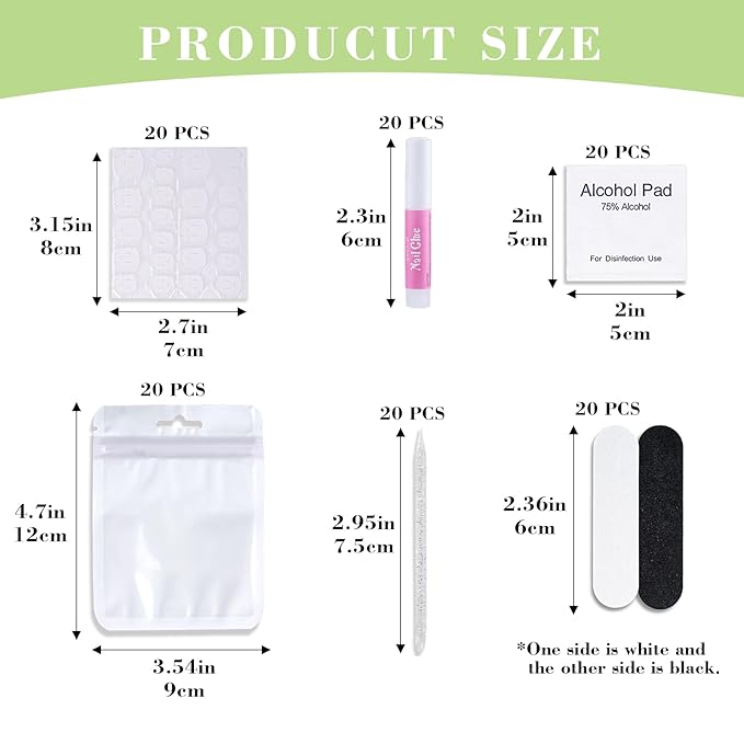 Press On Nail Tool Kit with Everything, Bebbtiy Nail Prep Tool Disposable Manicure Kit with Nail File, Nail Glue, Prep Pads, Adhesive Nail Tabs,Wood Stick, Packaging Bag (20pcs-white)