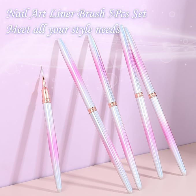 5Pcs Nail Art Liner Brushes For UV Gel Polish, Metal Handle Thin Lines Fine Drawing Pen Painting Striping Detail Design Nails Brush Set Manicure DIY Tool, Sizes 7/9/12/15/20mm（Gradient powder）