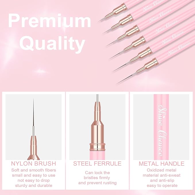Shince Chance Nail Art Liner Brushes, 6pc Set - Fine Drawing, Small Details, Stripping Painting, Acrylic Nail Art Design Tools, Pink