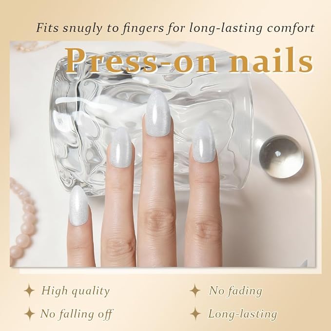 evpct Cat Eye Press on Nails Almond Short, Cat Eye Stick on Nails Press on, Pearl White Glitter Short Almond Press Stick on Nails, Fake Nails Press ons with Kits, 30Pcs Reusable Acrylic Fake Nails Kit