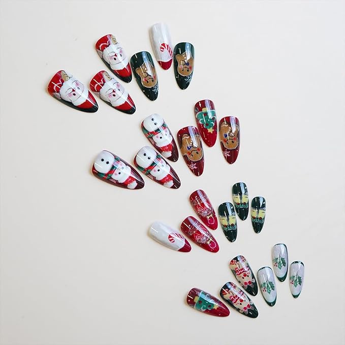 30Pcs Christmas Press on Nails Medium Almond French Tip Fake Nails with Cute Snowman Santa Claus Gingerbread Man Design Xmas Trees Gift Ball False Nails Full Cover Artificial Stick on Nail for Women