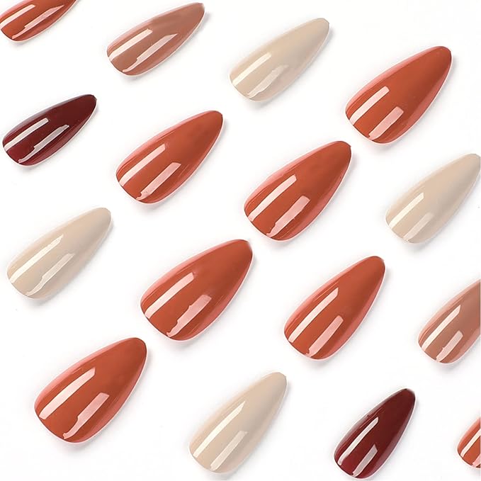 Press On Nails - Autumn Leaf | Assorted Red Design Nails, Medium Almond Nails with Design for Women and Girls, 24 Pcs Reusable Red Fake Nails