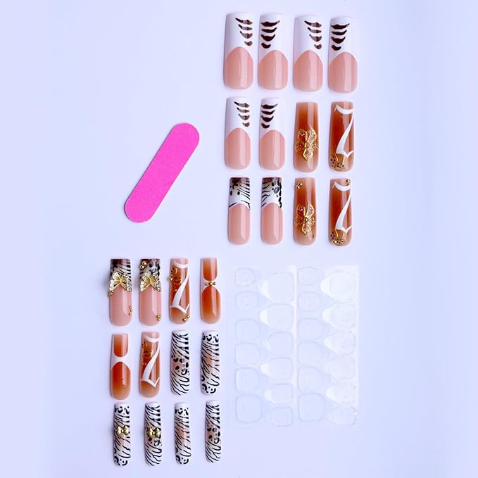 Long Square Press on Nails Fake Nails Artificial Nail Stick on Nail for Women Brown & Gold Design with 3D Butterfly Rhinestones, Gold Flowers, Tiger Stripes and White French Tips 24pcs