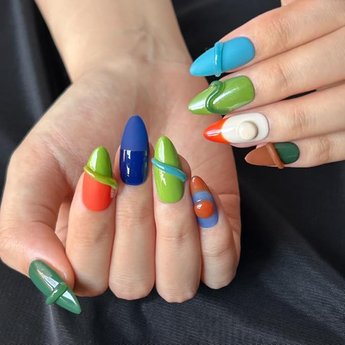 Women Press On Nails - Medium Almond Handmade 10Pcs Unique Fake Nails, Artistic Design, Thick Acrylic and Muti-Layer Gel False Nails (Size M)