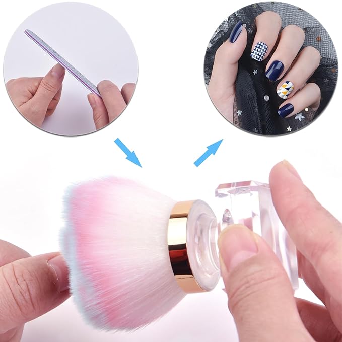 2Pcs Nail Dust Brush Set, Crystal Base Nail Art Dust Powder Remover Brushes Soft Kabuki Cleaner Brush for Makeup & French Gel Acrylic Nails