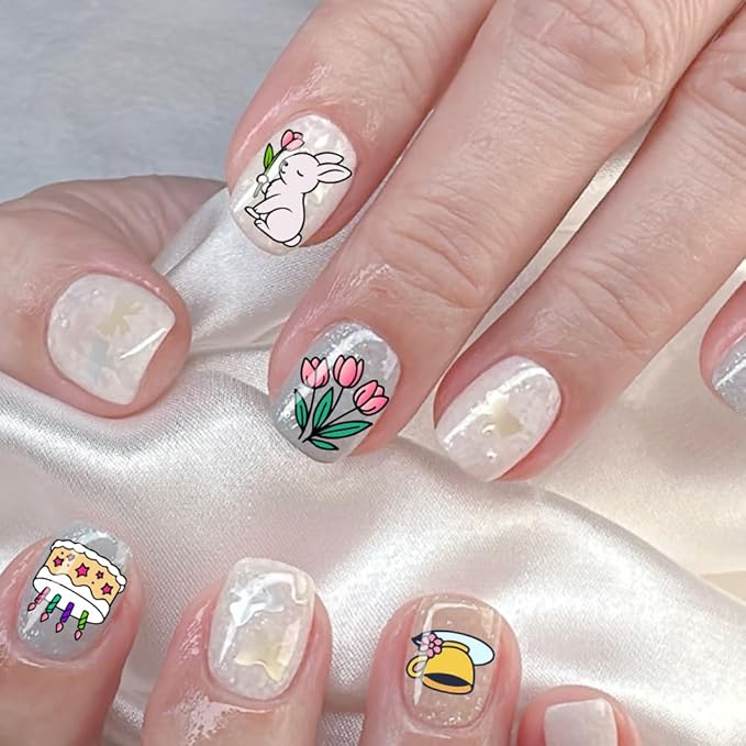 PH PandaHall 2pcs Cute Animals Nail Stamping Plates Bunny Cats Nail Art Templates Afternoon Tea Theme Dessert Cake Manicure Art Stencils for Manicures Salon Print Decoration