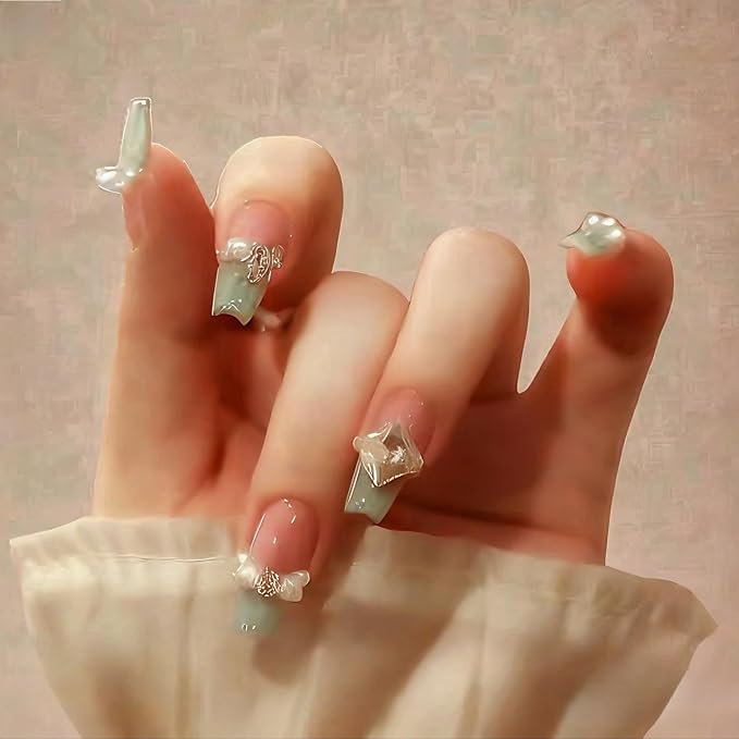 Press on Nails Medium Long 24pcs Glossy French Emerald Fake Nails with Rhinestone and Pearl Accents for Women and Girls – 24pcs with Glue Kit (Emerald)