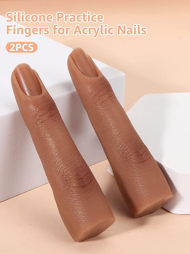 2 Pieces Silicone Practice Fingers for Acrylic Nails, Fake Training Hand Finger Model Flexible Bendable Mannequin Finger, Soft Realistic Joint Nail Practice Fingers with Makeup for Nail Art (Color 5)