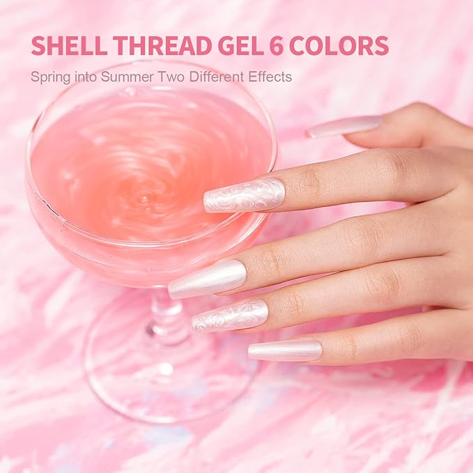 RARJSM Pearl Gel Nail Polish Set 6 Colors Pearlescent Shell Glitter White Gold Pink Green Purple Shimmer Mermaid Nail Gel Polish Soak Off Curing Requires Swirl Thread Effect DIY Manicure Use