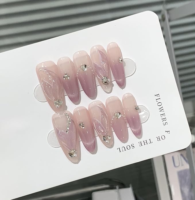 Gradient Purple Press on Nails Long Almond,Cat Eye Mermaid Tail Designs Fake Nails,Detachable Acrylic Glitter False Nails with Tools,Handmade Glossy Artificial Glue on Nails,Medium Size