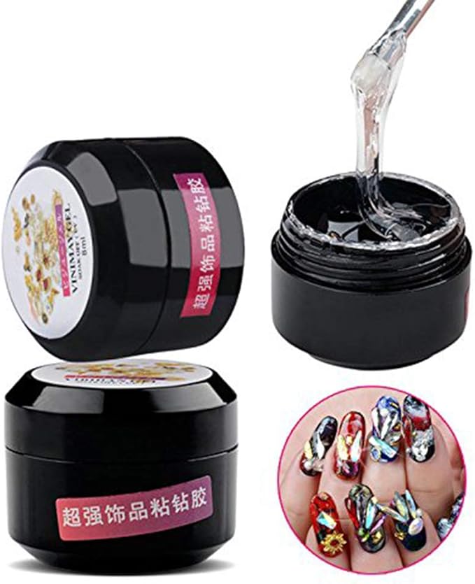 Nail Art Rhinestone Glue Super Sticky 8ml Gem Gel Manicure Polish Adhesive Builder Decoration (UV Light Cure Needed) with Tray Shiny Stone and Paiting Pen