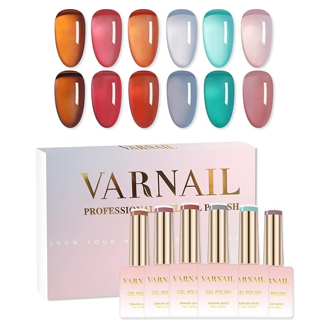 VARNAIL Jelly Gel Nail Polish Kit 6 Colors, Translucent Amber Sheer Series Gel Polish, Soak off U V Light Gel Nail Polish 15 ml/Bottle, Nail Art Manicure DIY Home Salon for Women Girls (Tea Time)