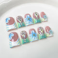 Luxury Handmade Press on Nails Medium Duck Nails with Glue,Light Green French False Nails with Blue 3D Flower Art Design Muti-Layer Gel Thick False Nails Handmade Nail for Women (Size S)