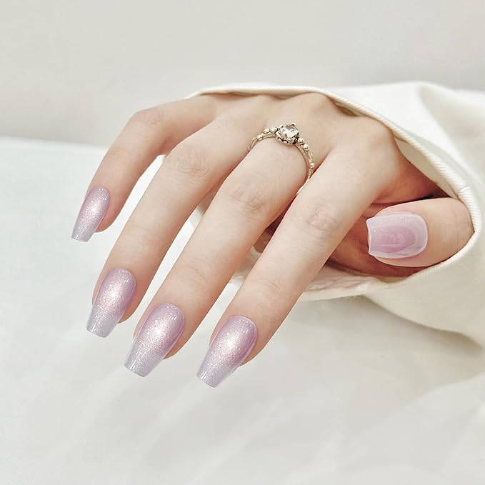 Cat Eyes Press On Nails,12 Sizes - 24 Pcs Soft Gel Purple Medium Coffin Fake Nails Kit with Nail Glue, Natural Reusable Stick On False Nails for Women and Girls (Skycloud Short Light Purple) SK0716