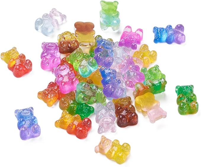 FASHEWELRY 32Pcs Resin Gummy Bear Charm Pendants 8 Colors Cartoon Bear Candy Cabochon for Necklace Bracelet Earring Jewelry Making