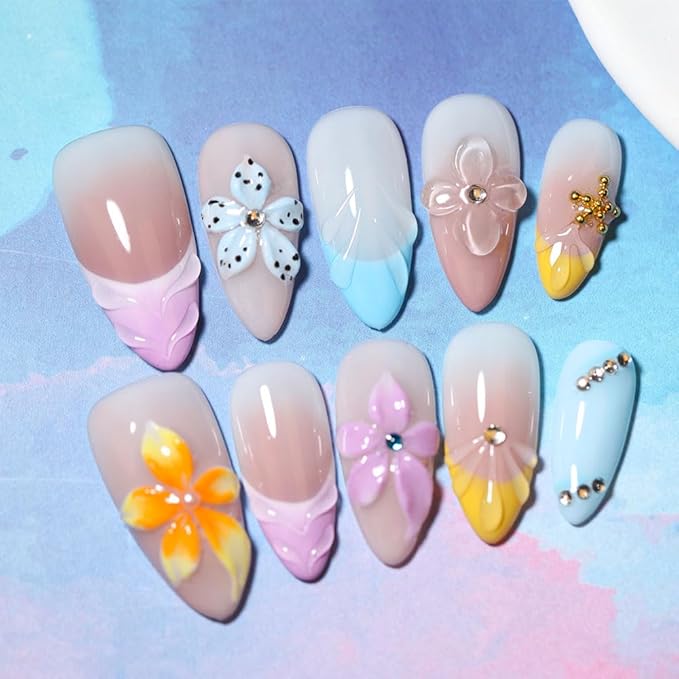 10PCS Luxury Handmade Press On Nails Nude Gradient Cat's Eye with Pearl Bow & Sparkling Rhinestones for Wedding & Party Reusable Almond Fake Nails Design Gift For Women and Girls (L02, M)