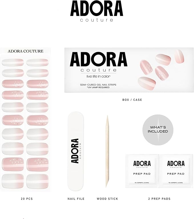 Semi-Cured Gel Nail Strips - 20 Salon-Quality Gel Sticker with UV Light Required, Long Lasting, Easy Application & Removal, Includes Prep Pad, Nail File, Wooden Stick – Soft Serenity