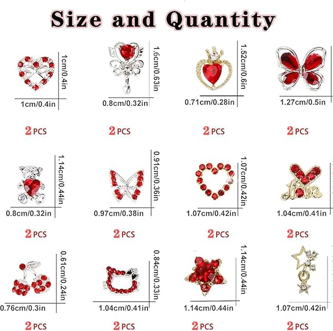 24PCS Red Nail Charms Y2k Alloy Nail Art Rhinestone Charms 3D Heart Star Sailor Moon Nail Charms with Rhinestones Bear Cherry Nail Gems Shiny Jewelry Nail Decorations Supplies C
