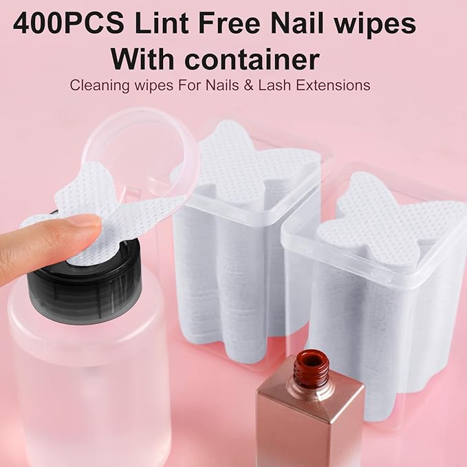 200PCS Lint Free Nail Wipes, Pink Lash Extensions Glue Cleaning Wipes, Nails Cleaning Pads Supplies,accompanied by 1 Empty Pump-Style Bottle Dispenser (White)