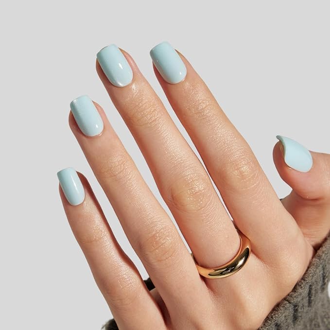 LAMIMOSA 32Pcs Light Blue Cat Eye Press On Nails Short Square, Soft Gel Baby Blue Fake Nails in 16 Sizes, Reusable Glue on Nail kit, AQUAMARINE QUARTZ