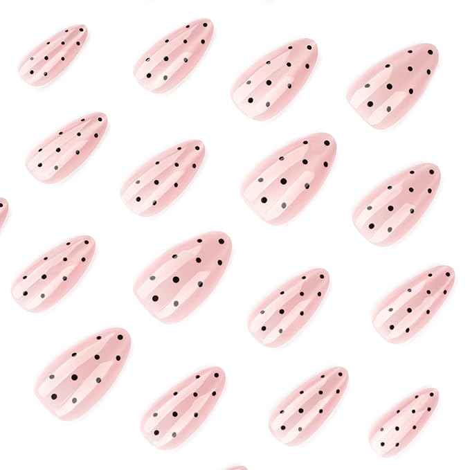 Pink Nude Cat Eye Polka Press On Nails Medium Almond, Salon-Quality Acrylic Fake Nails, Stylish Design, Reusable Stick-Ons, Spring Summer DIY Nail Art Kit for Women | Daily/Party Gift 24 Pcs