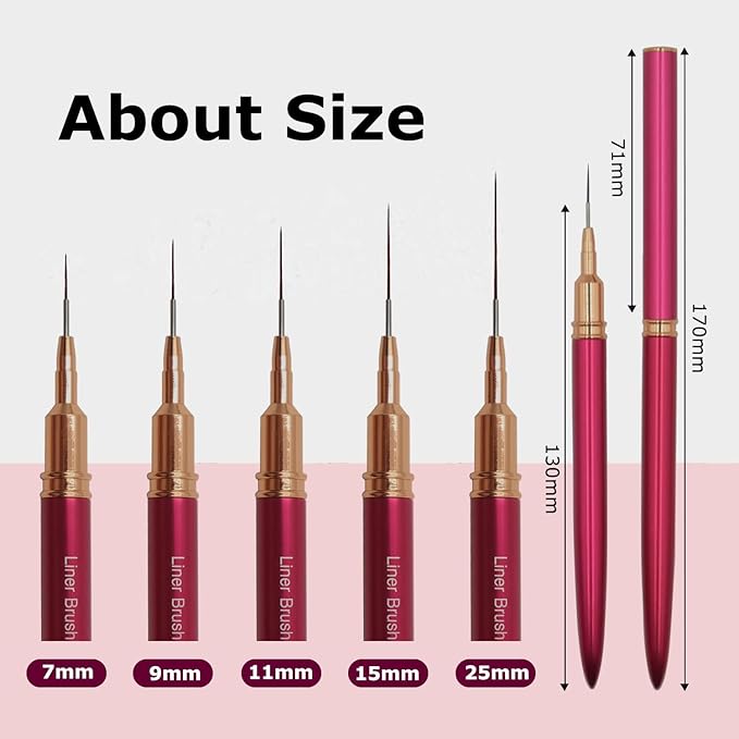 French Tip Design Nail Polish Liner Brush, 5 Pack Thin Fine Line Gel Art Paint Brushes for Nails Detailing, Pinceles Para Decorar Uñas - Hot Pink (25/15/11/9/7Mm)