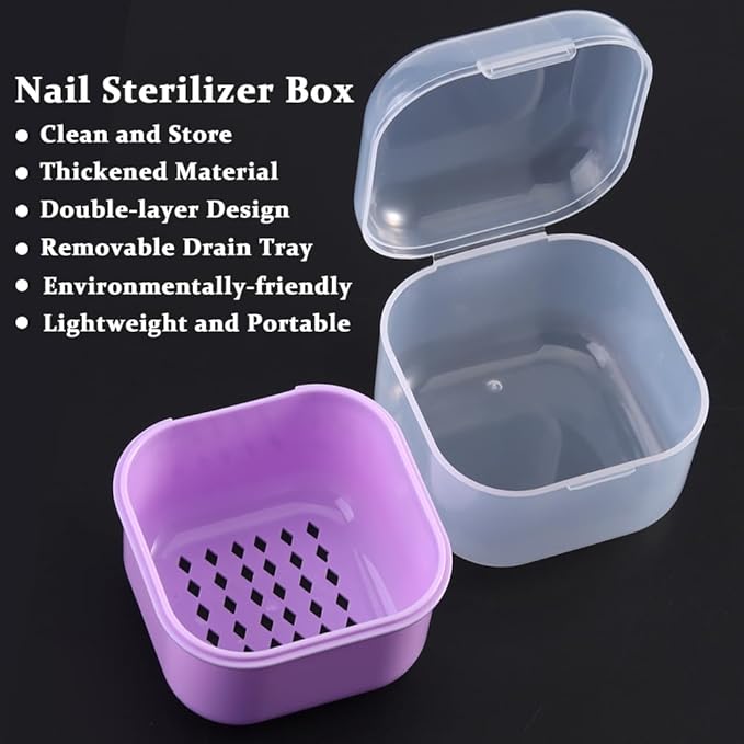 Nail Tool Sterilizer Box Plastic Disinfectant Container for Nail Art Accessories Tools, Portable Nail Drill Bits Sterilization Tray Soaking Box with Strainer Nail Art Salon Sterilizing Tool