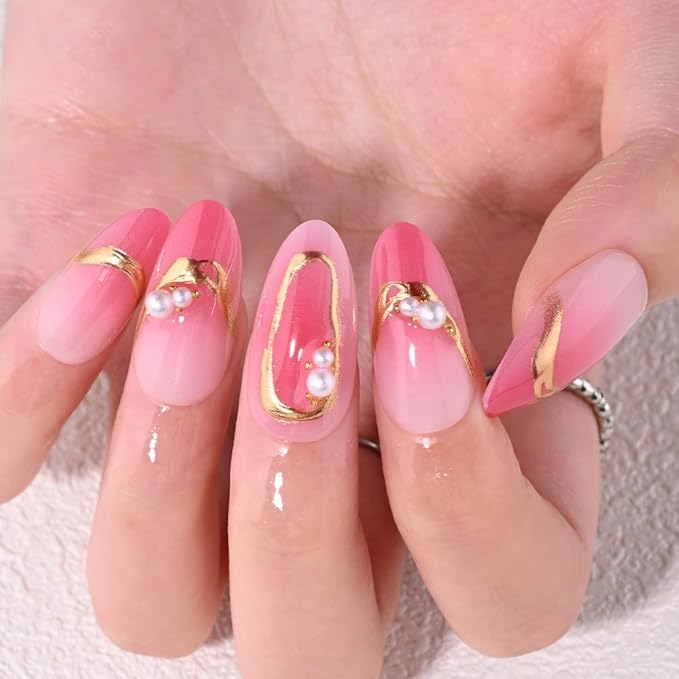 Pink Ombre Gold Frame Pearl Flower Press on Nails, Medium Almond Acrylic Fake Nails Design, Natural Reusable Nails Kit for Women DIY False Nail Art Decoration Gift, Salon Quality Reusable