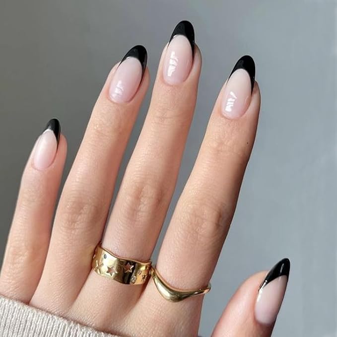 Modelones Black French Tip Press on Nails Almond, Short Almond Fake Nails, Reusable Nail Kit with Nail Glue Adhesive Tabs Mini Nail File, Nails Press Ons 32Pcs16 Sizes