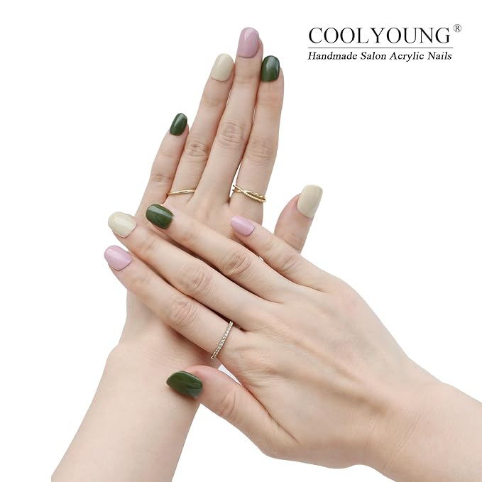 COOLYOUNG Press On Nails Short Square, Mixed Color - Pink, Beige, Green, 25 PCS Handmade Acrylic Fake Nails