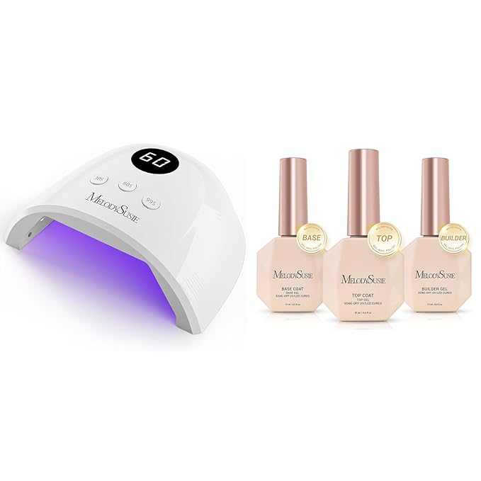 MelodySusie UV Nail Lamp No Wipe Glossy Top Coat Base Coat Builder Gel Set
