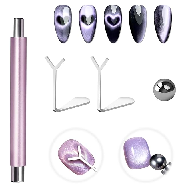 Laza 4pcs Nail Magnet Set, Super Strong Double-head Magnet Wand With Round Nail Magnet Beads, 2pcs Y-Shaped Nail Magnet Guides for Cat Eye Gel Polish, 9D Galaxy Cat Eye Nail Art, Magnetic Nail Polish