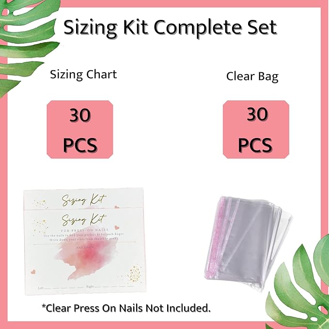 Press On Nails Sizing Kit Cards for Nail Business — 30 Pack Blank Size Chart Postcards, 5x7 Pink & Gold Foil, with Clear Bags, Press On Nail Business Supplies for Nail Tech