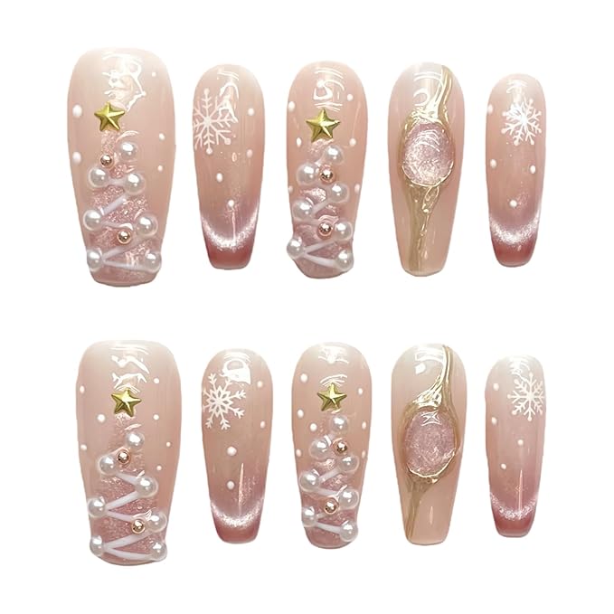 Glitter Press on Nails - Sheer Pink Nude Acrylic Handmade Coffin False Nails Winter Xmas Tree with Pearls Snowflake Star for Women Girls (Holiday Opulence-A,S)