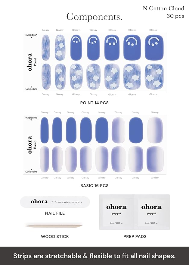 ohora Semi Cured Gel Nail Strips (N Cotton Cloud) - Blue, Patterned, Works with UV/LED Lamps, Salon-Quality, Long Lasting, Easy to Apply & Remove - Includes 2 Prep Pads, Nail File & Wooden Stick