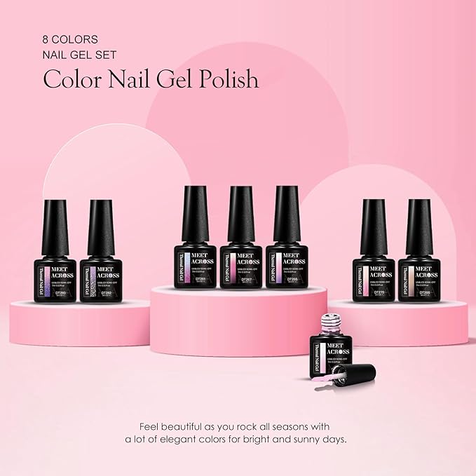 MEET ACROSS Color Changing Gel Nail Polish Set, 8 Colors Red Pink Glitter Purple Mood Temperature Change Nail Polish Gel Set Soak Off Nail Art DIY Salon Manicure Holiday Gift